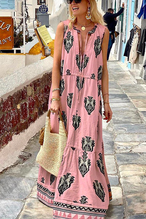 Rosiedress Tassle Deep V Neck Sleeveless Printed Maxi Swing Holiday Dress