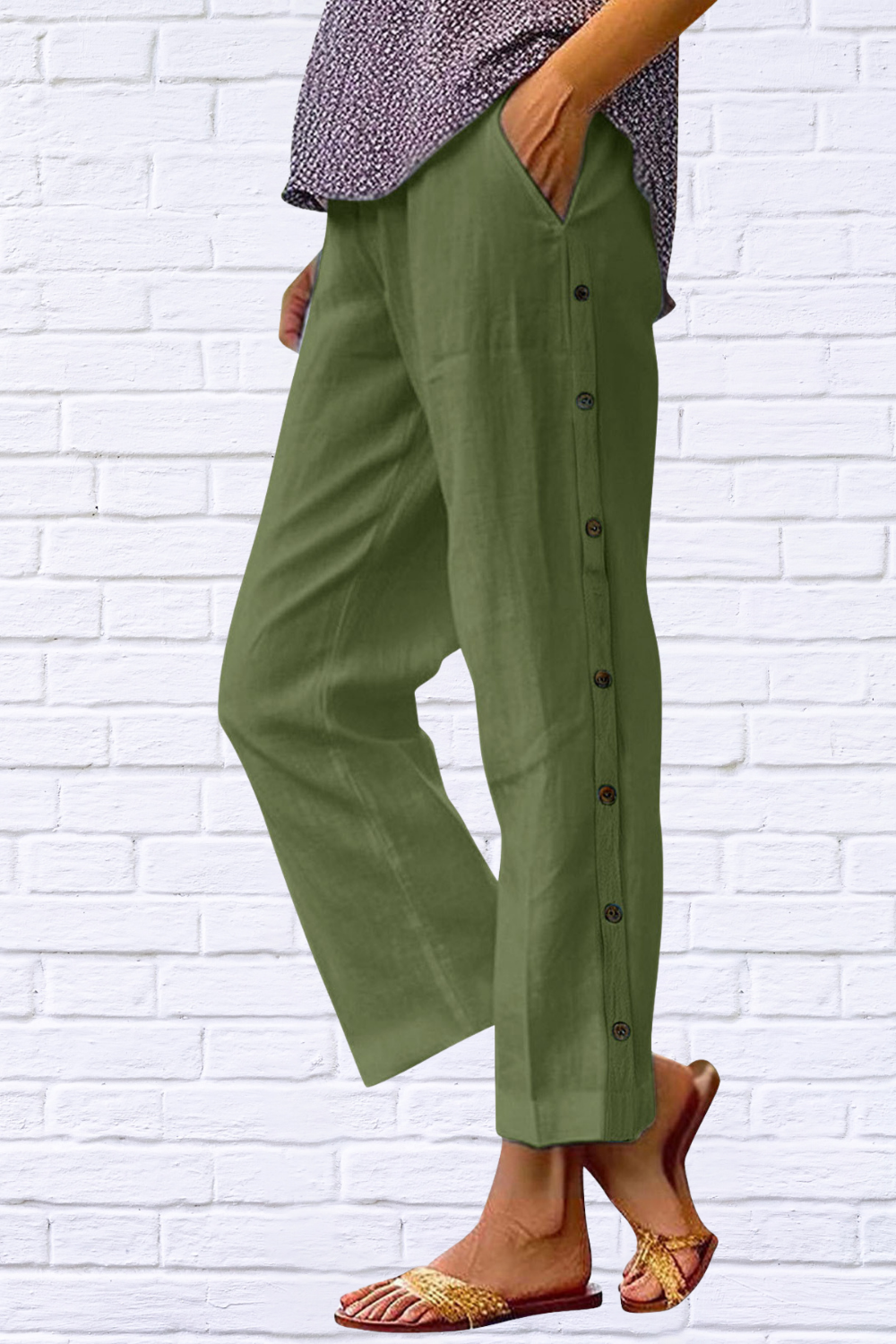 Full Size Side Decor Button Casual Wide Leg Pants Plus Size