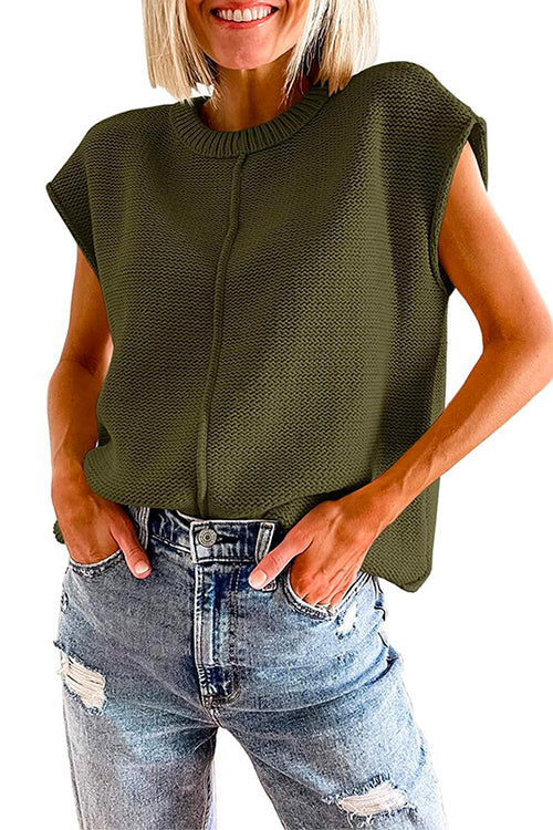 Crewneck Cap Sleeves Pullover Sweater ArmyGreen