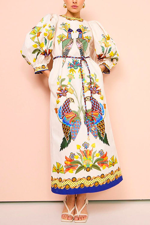 Rosiedress 3/4 Puff Sleeves Back Slit Birdie Printed Maxi Dress White