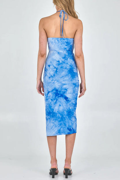 Halter Backless Slit Tie Dye Bodycon Midi Dress