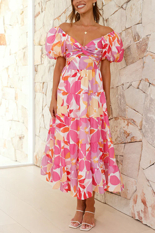 Rosiedress Twist Knot Cut Out Puffle Sleeves Printed Ruffle Maxi Dress Pink