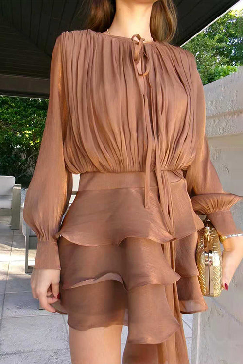 Lantern Long Sleeves Draped Ruffle Layered Mini Dress with Shorts