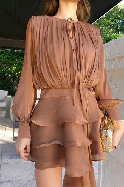 Lantern Long Sleeves Draped Ruffle Layered Mini Dress with Shorts