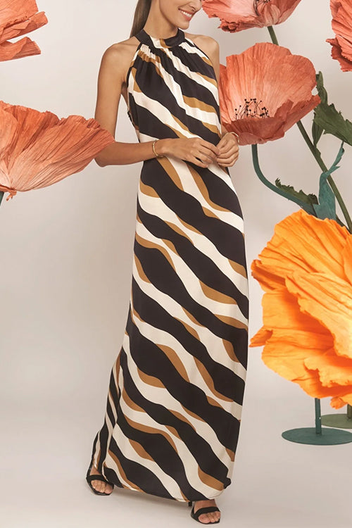 Rosiedress Tie Neck Sleeveless Color Block Printed Maxi Dress