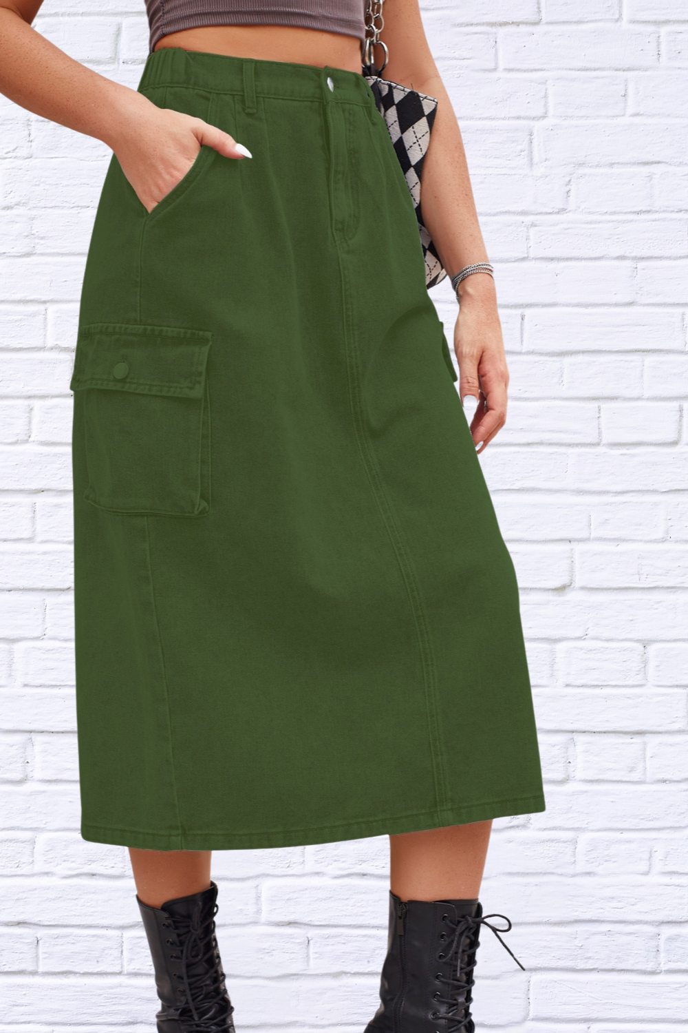 Slit Buttoned Denim Skirt with Pockets