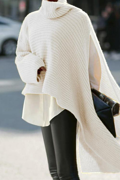 Turtleneck Asymmetric Slit Sleeve Ribbed Knit Sweater White