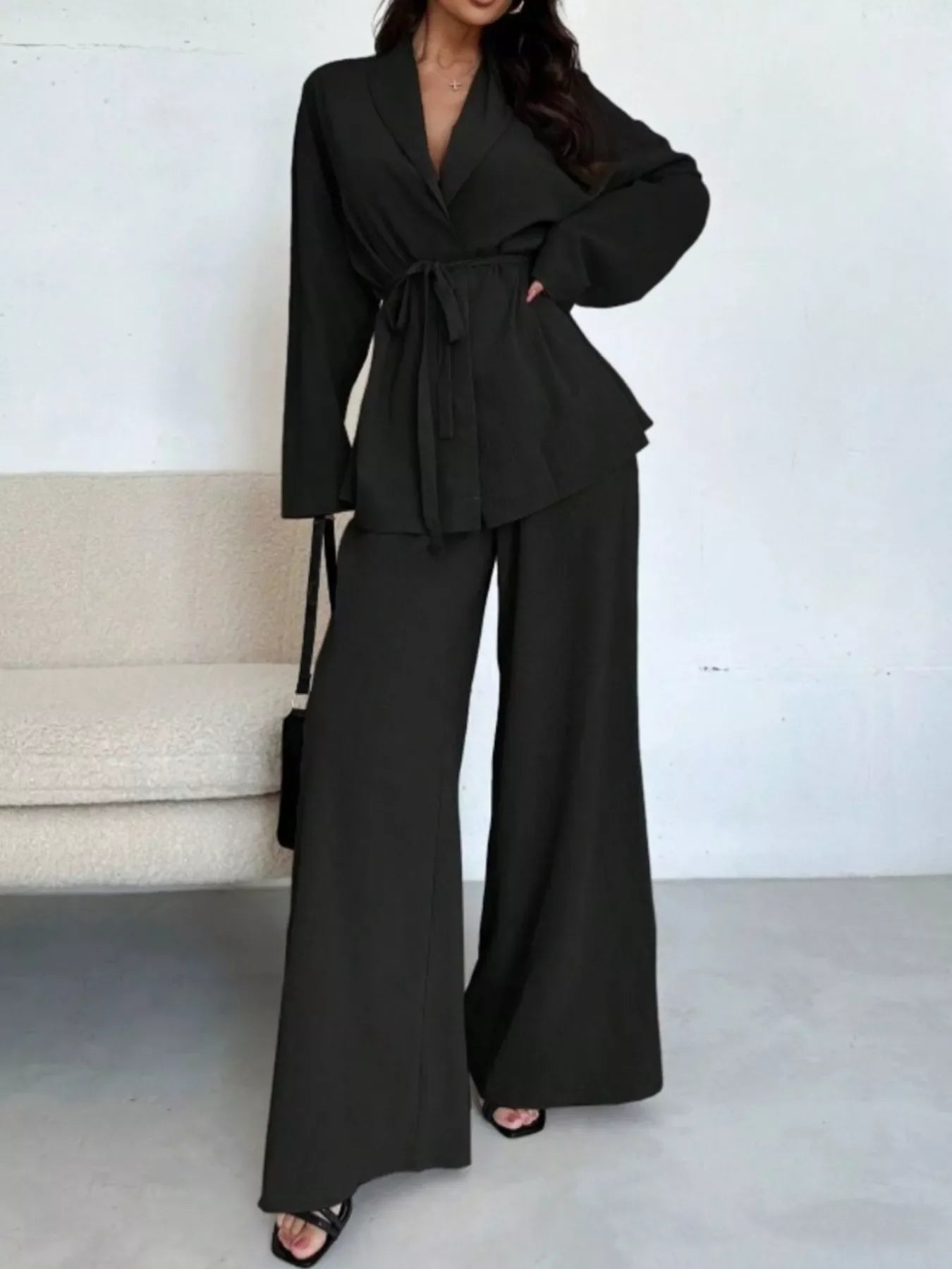 Textured Tie Waist Top and Wide-Leg Pants Set