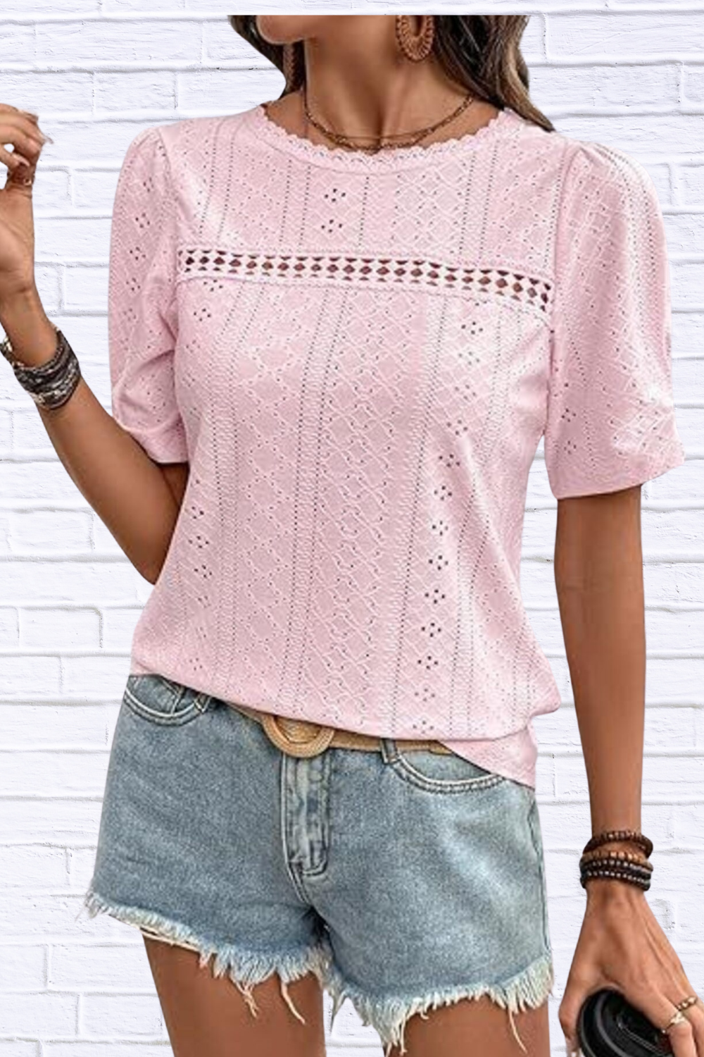Eyelet Lace Detail Short Sleeve Blouse