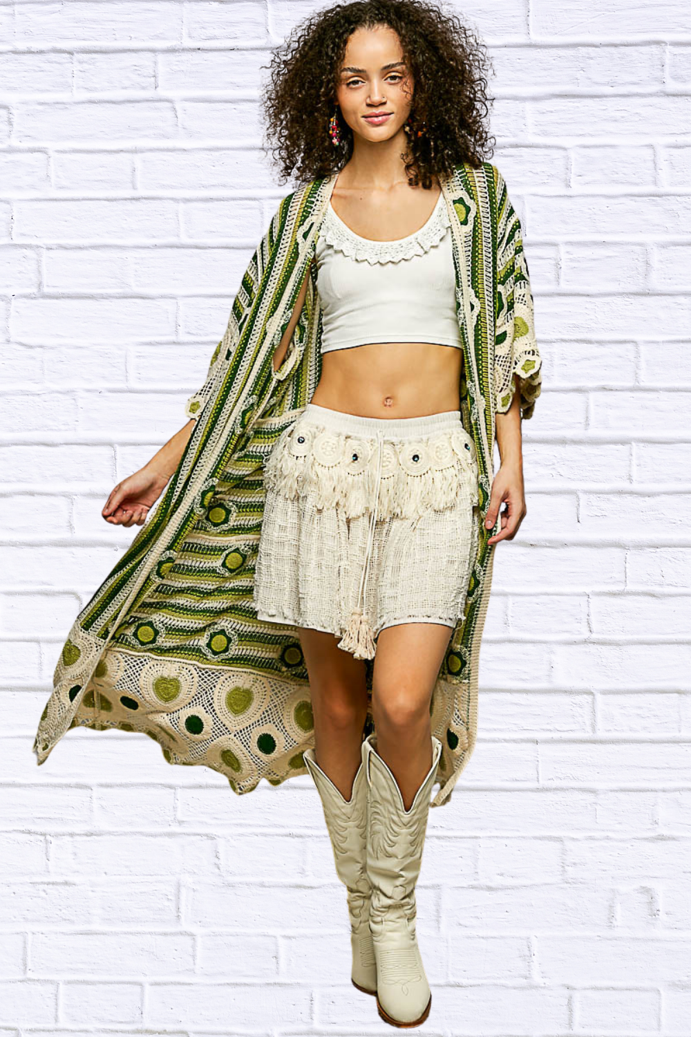 Janice Striped and Floral Pattern Crochet Longline Cardigan