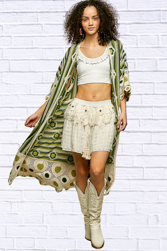 Janice Striped and Floral Pattern Crochet Longline Cardigan