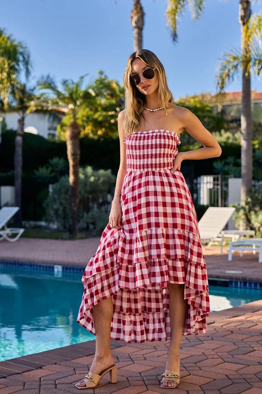BiBi Smocked Body Off Shoulder Check Dress