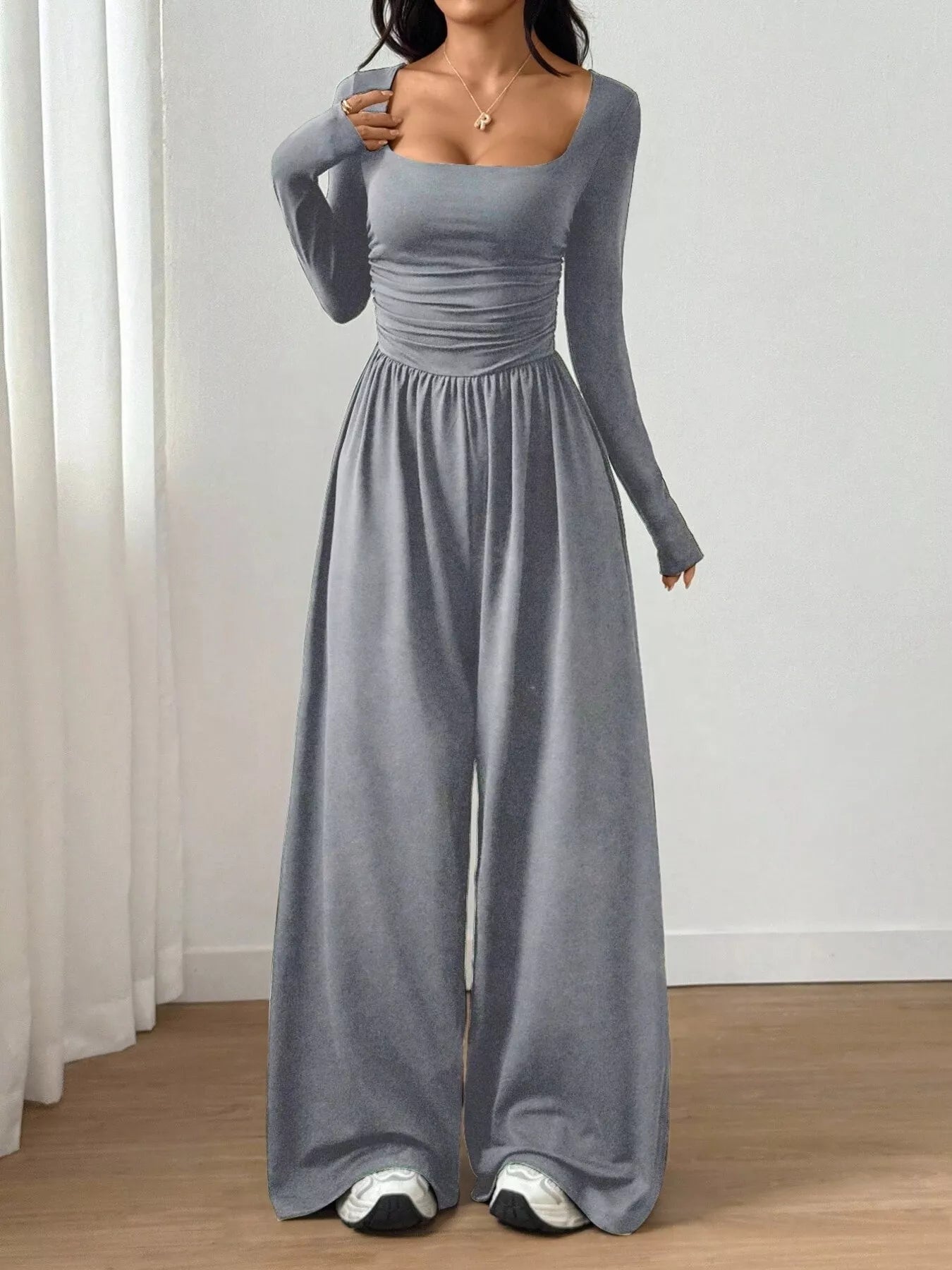 Ruched Square Neck Wide-Leg Jumpsuit