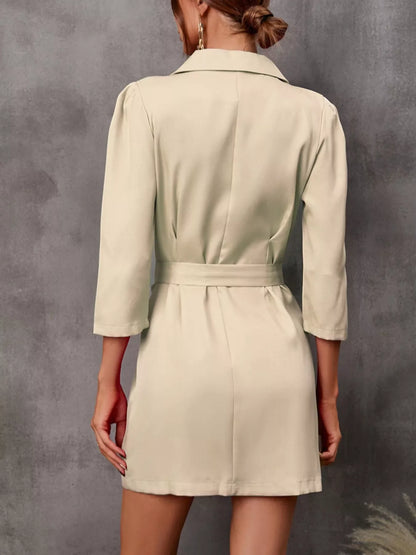 Double-Breasted Blazer Dress with Embellished Belt