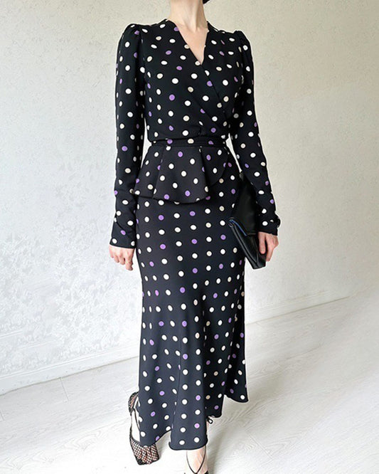 French polka dot V-neck tie waist dress