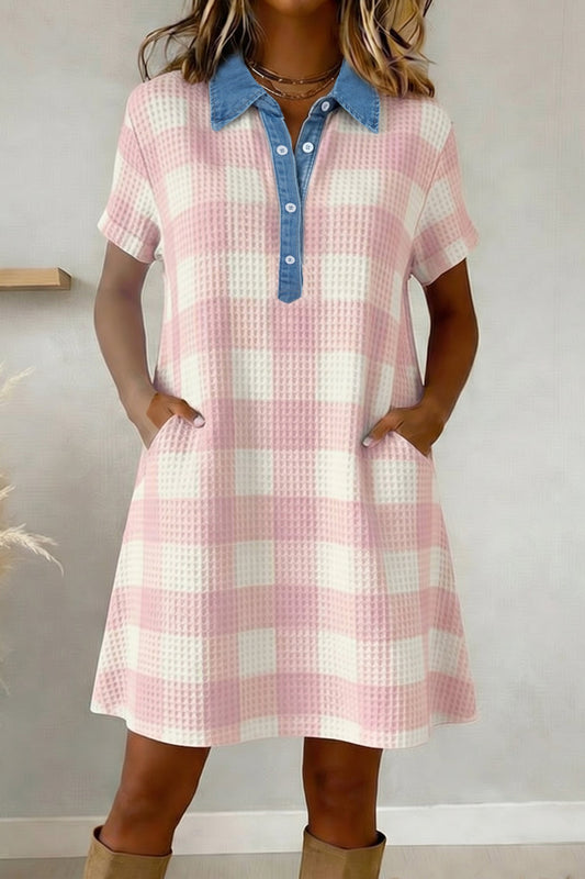 Pink Waffle Plaid Print Contrast Denim Shirt Collar Buttoned T Shirt Mini Dress