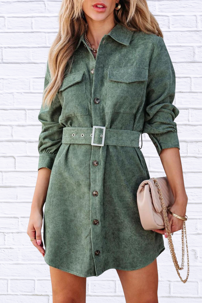 Button Front Belt Long Sleeve Corduroy Dress