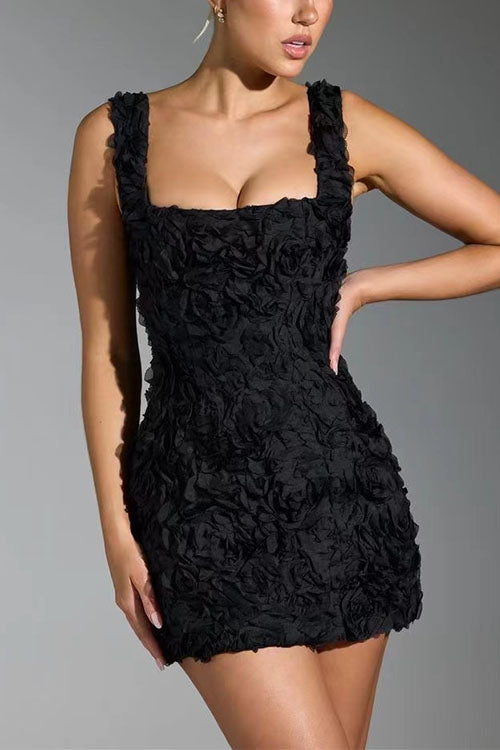 Chic Square Collar 3D Roses Sleeveless Mini Dress Black