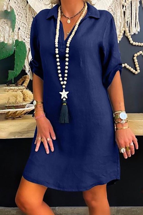 Rosiedress Lapel V Neck Roll Up Sleeve Shirt Dress Blue