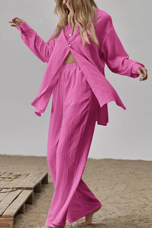 Long Sleeves Side Slit Blouse Shirt Elastic Waist Wide Leg Pants Set HotPink