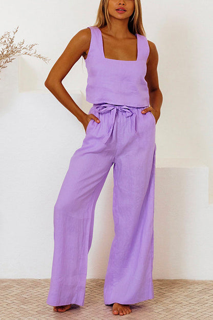 Rosiedress Square Collar Crop Tank Top Tie Waist Wide Leg Pants Cotton Linen Set Purple