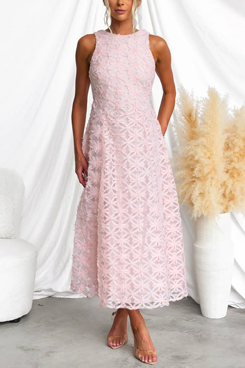 Crewneck Sleeveless Fairy Lace Maxi Swing Dress Pink