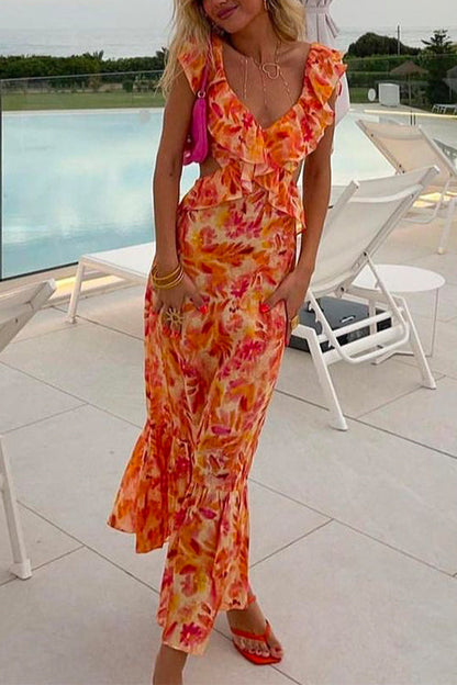 Rosiedress V Neck Cut Out Tie Back Printed Ruffle Maxi Dress Orange