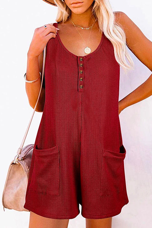 Rosiedress Scoop Neck Pockets Solid Tank Romper Burgundy