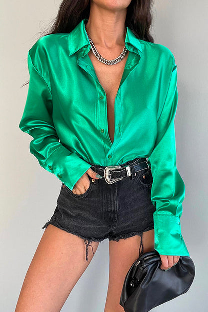 Rosiedress Chic Long Sleeves Button Down Satin Bouse Shirt Green