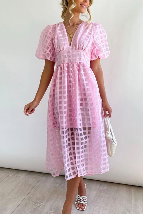 V Neck Lantern Sleeve Waisted A-line Dress Pink