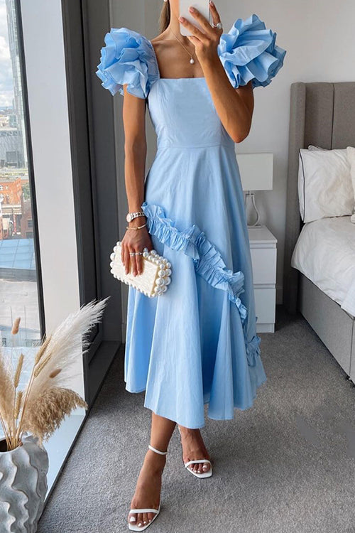 Square Neck Frill Sleeves Waisted Ruffle Trim Midi Dress Blue