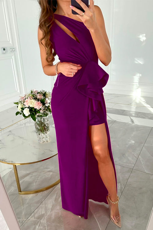 One Shoulder Cut Out Draped Front Maxi Party Dress Purple