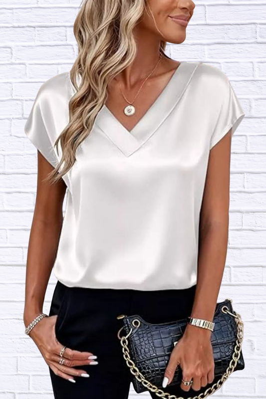 Satin V-Neck Short Sleeve Blouse