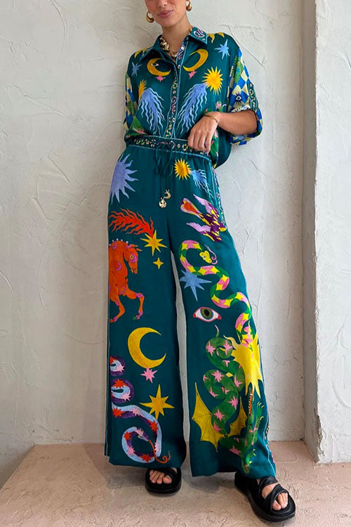 Rosiedress Cartoon Printed Rolled Up Sleeves Blouse Shirt Wide Leg Pants Holiday Set DarkGreen