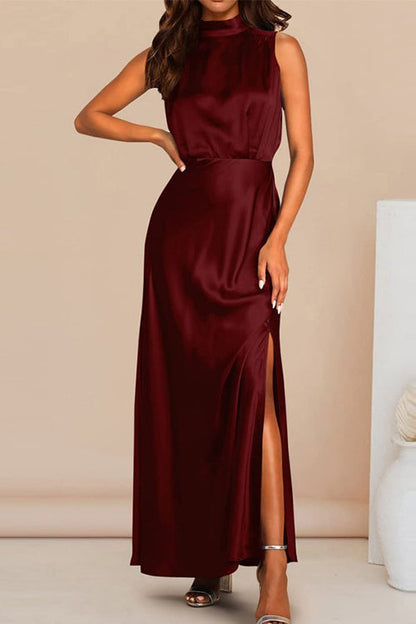 Rosiedress Sleeveless Mockneck Side Split Maxi Satin Dress Burgundy