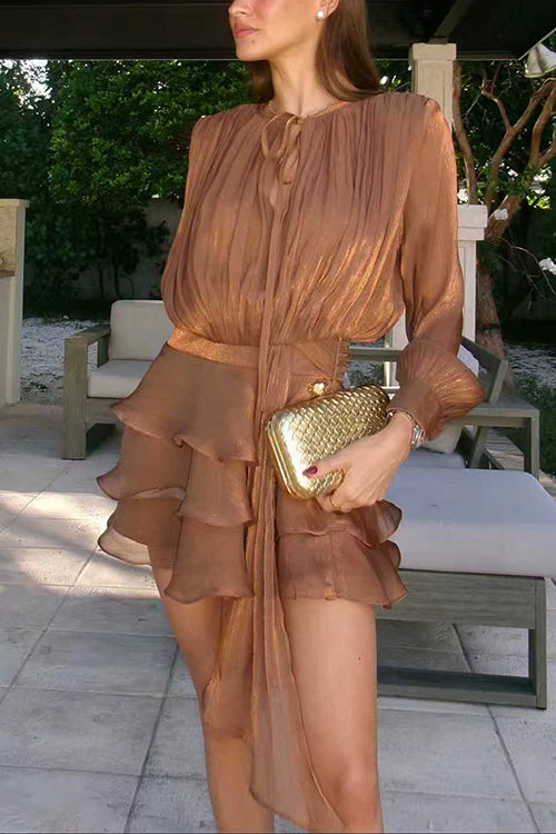 Lantern Long Sleeves Draped Ruffle Layered Mini Dress with Shorts