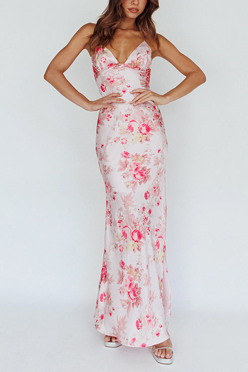 V Neck Open Back Floral Print Satin Maxi Cami Dress