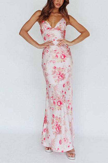 V Neck Open Back Floral Print Satin Maxi Cami Dress