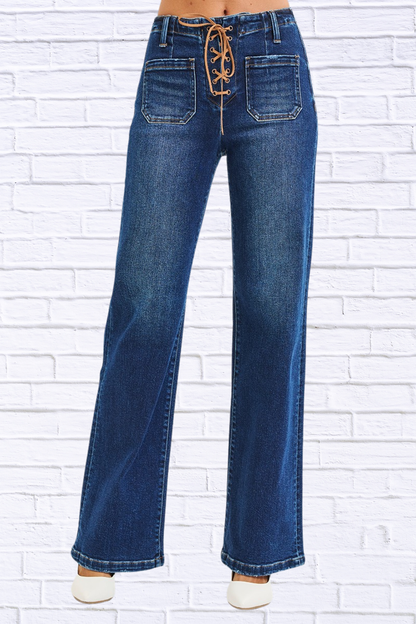 RISEN Full Size High Rise Wide Leg Jeans with Front Tie Detail Plus Size