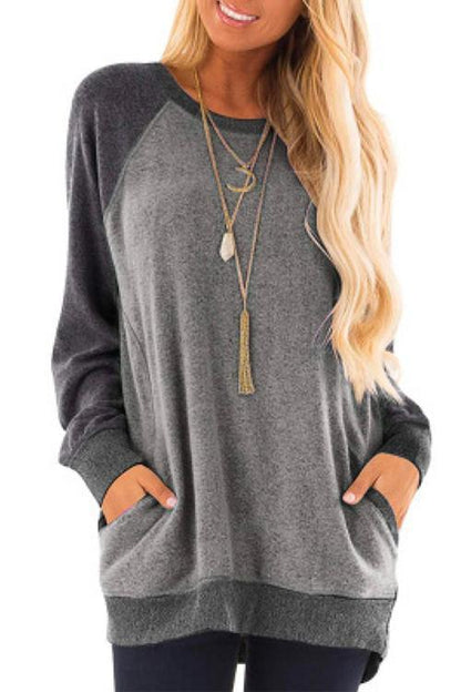Color Block Splice Pockets Pullovers Gray