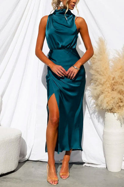 Rosiedress Turtleneck Sleeveless Waisted Slit Midi Satin Dress Blue