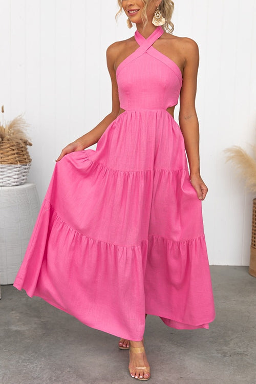 Halter-neck Open Back Tiered Maxi Vacation Dress Pink