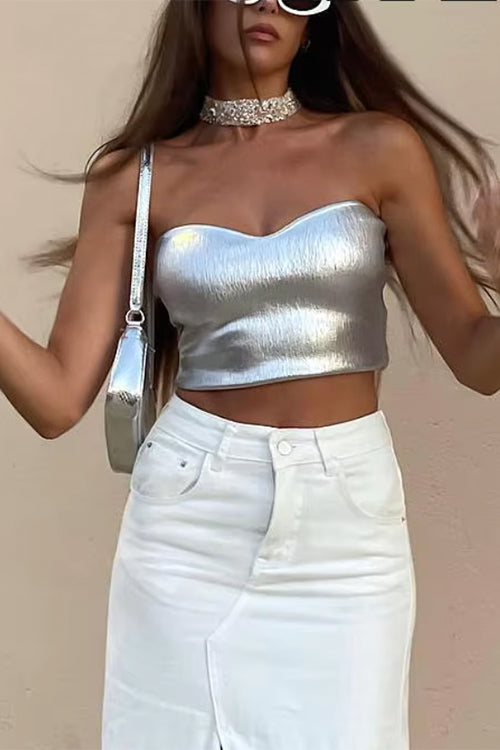 Rosiedress Strapless Metallic Crop Tube Top