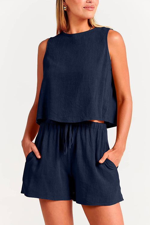 Solid Crewneck Crop Tank Top Drawstring Waist Shorts Set DarkBlue
