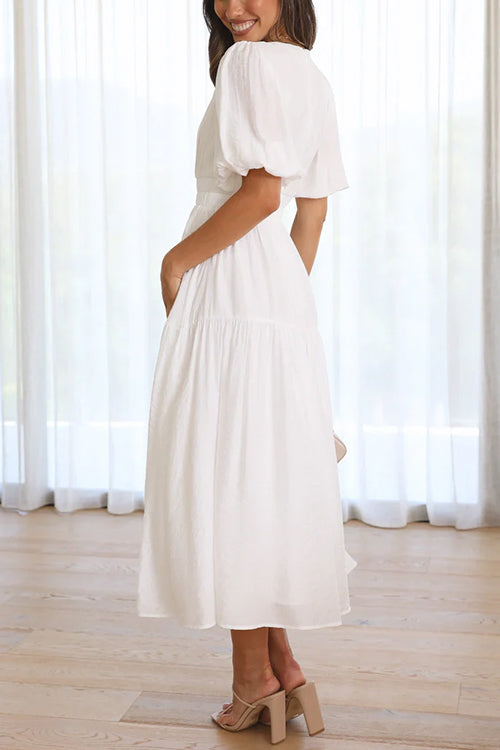 Rosiedress V Neck Lantern Sleeves Waisted Ruffle Maxi Dress