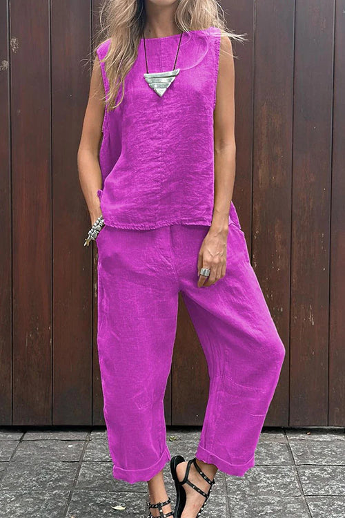 Rosiedress Casual Sleeveless Pullover Top Wide Leg Pants Cotton Linen Set Purple