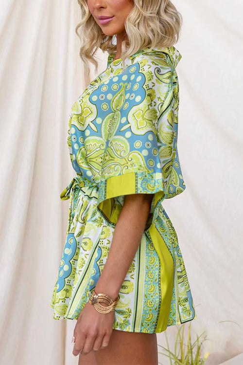 Button Up Tie Waist Paisley Print Romper