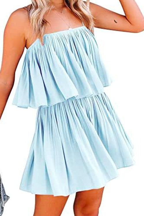 Rosiedress Solid Waisted Ruffle Pleated Cami Shorts Romper Blue