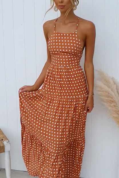 Open Back Lace-up Polka Dot Tiered Maxi Dress