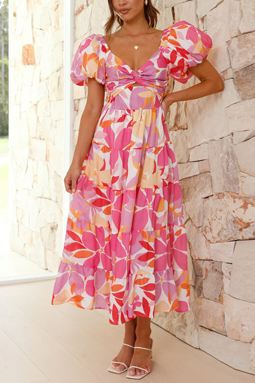 Rosiedress Twist Knot Cut Out Puffle Sleeves Printed Ruffle Maxi Dress